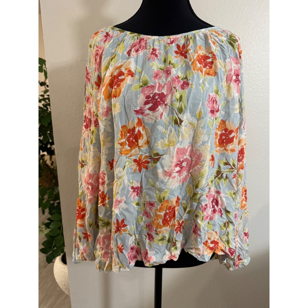J. Jill Floral Rayon Blouse Light Blue Pink Orange Petite Large Long Sleeve Top